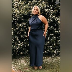 Petal & Pup navy blue satin Annabelle  midi draped halter neck Dress NWT XL